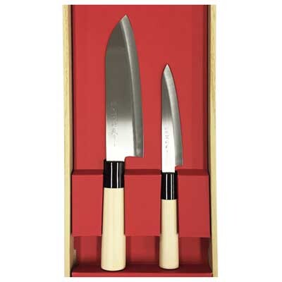 Two knives with wooden handles in a red box